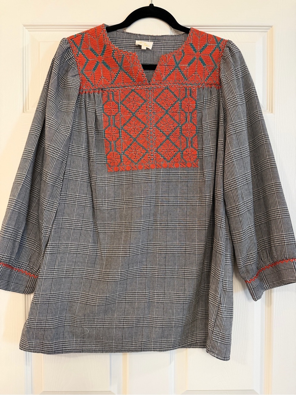 Women's Gray Plaid Blouse with Orange Embroidered Yoke
